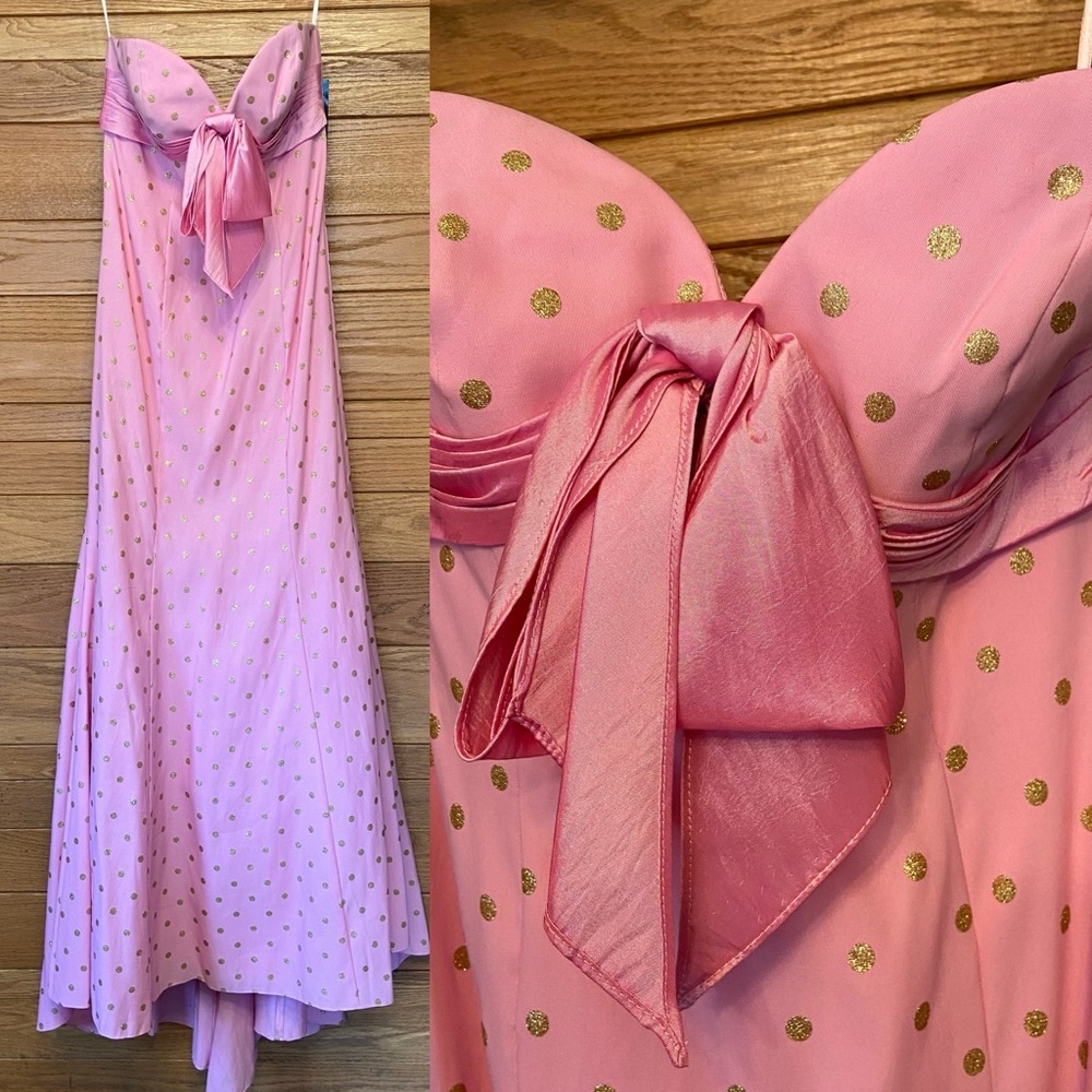 Jovani NWT Y2K pink gold polka dot strapless train gown prom dress